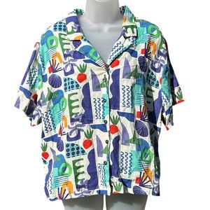 ARTONOMO Womens XL Colorful Art 100%‎ Linen Short Sleeve Button Up Shirt Blouse.